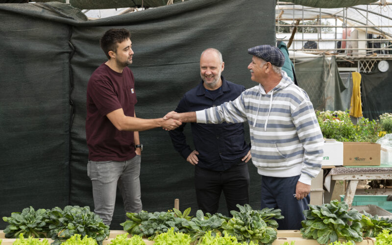 Simon Rogan and Oli Marlow with local farmers.