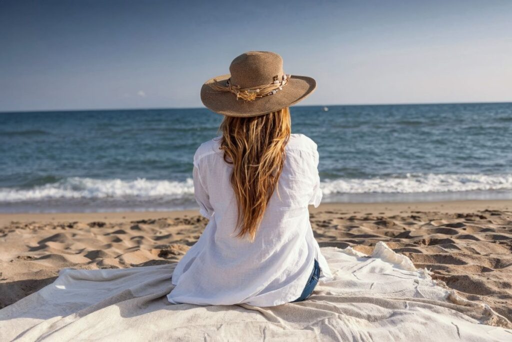 a woman on a beach looking out to sea