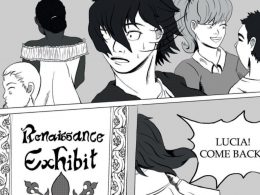Two comic strip boxes of a young man and a Renaissance exhibition sign
