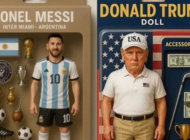 packaged action figures of Messi and Trump