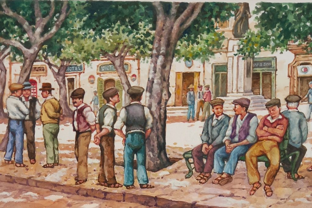 A painting of men in the village square