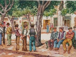 A painting of men in the village square