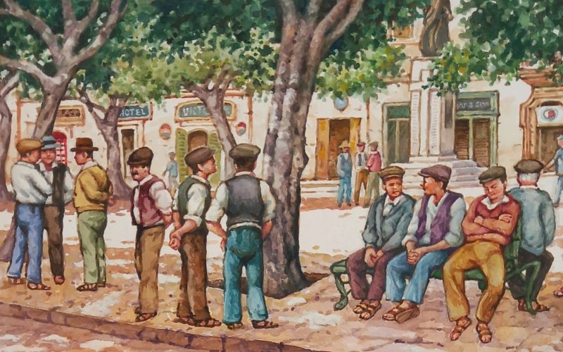 A painting of men in the village square