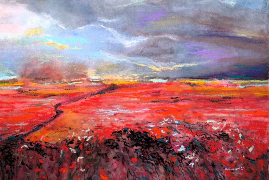 A red landscape painting