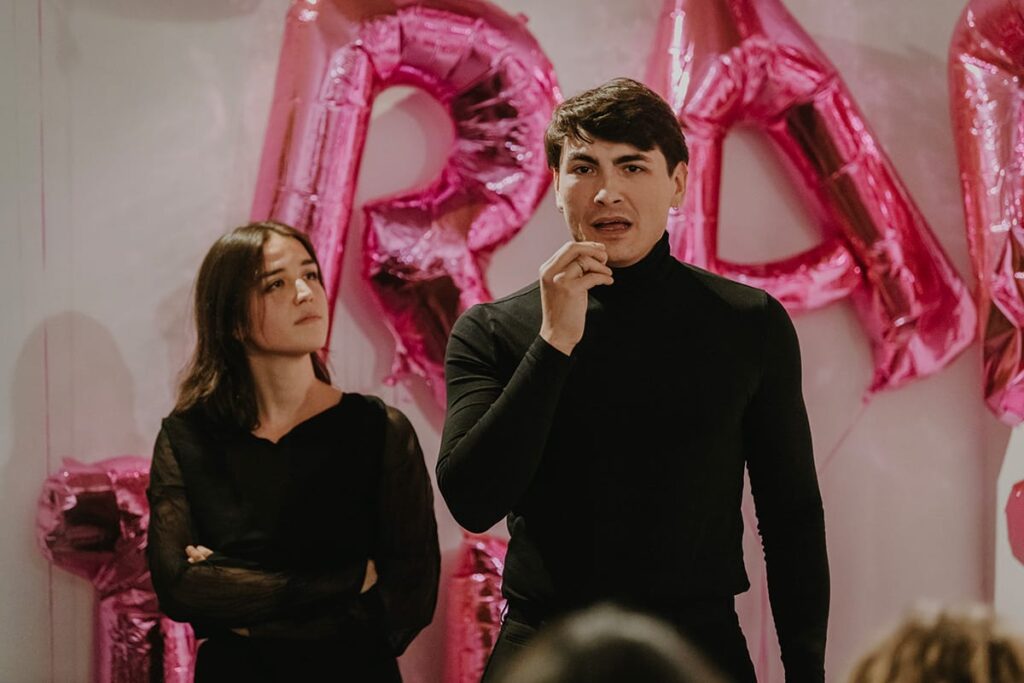 People and pink balloons