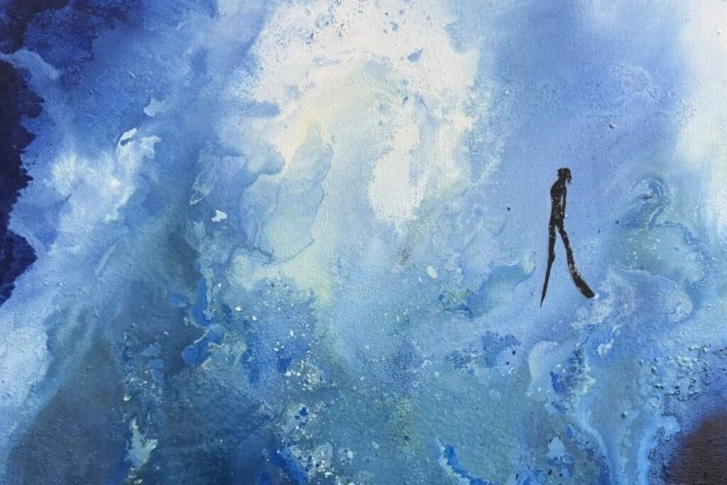 a silhouette of a diver against an abstract blue background