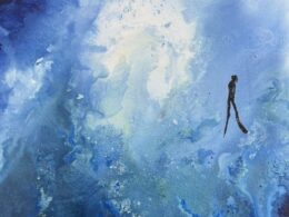 a silhouette of a diver against an abstract blue background