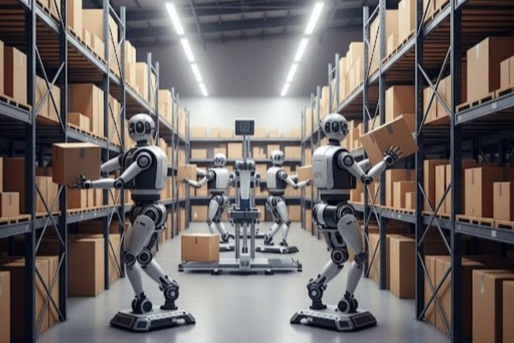 anthropomorphic robots in a warehouse