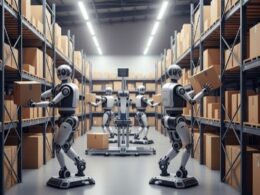 anthropomorphic robots in a warehouse