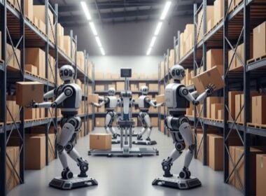 anthropomorphic robots in a warehouse