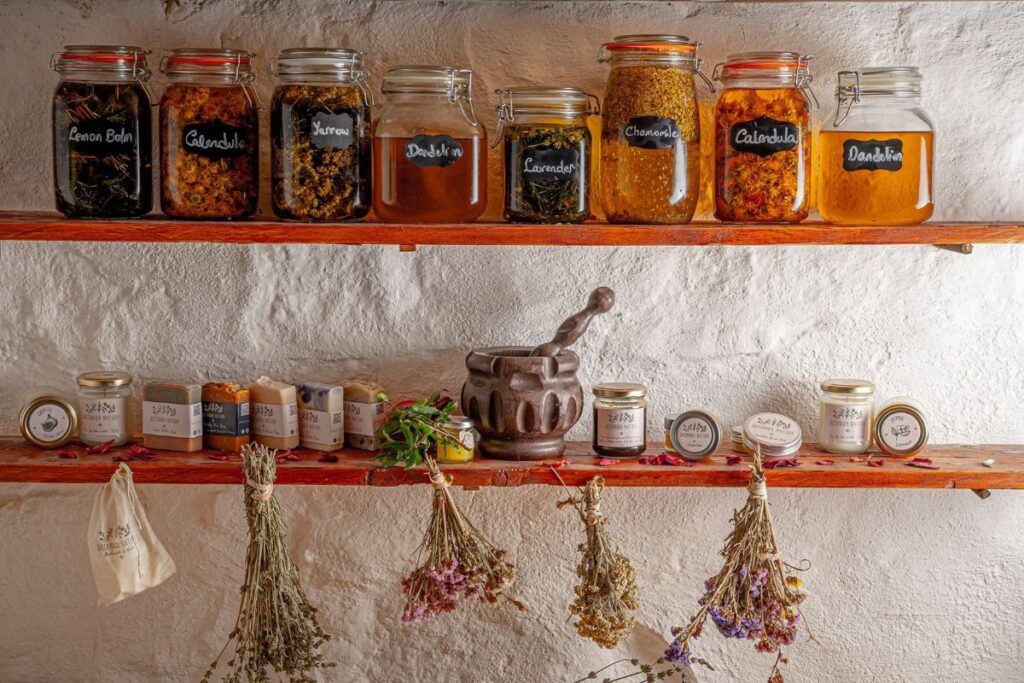 Shelves with jars on