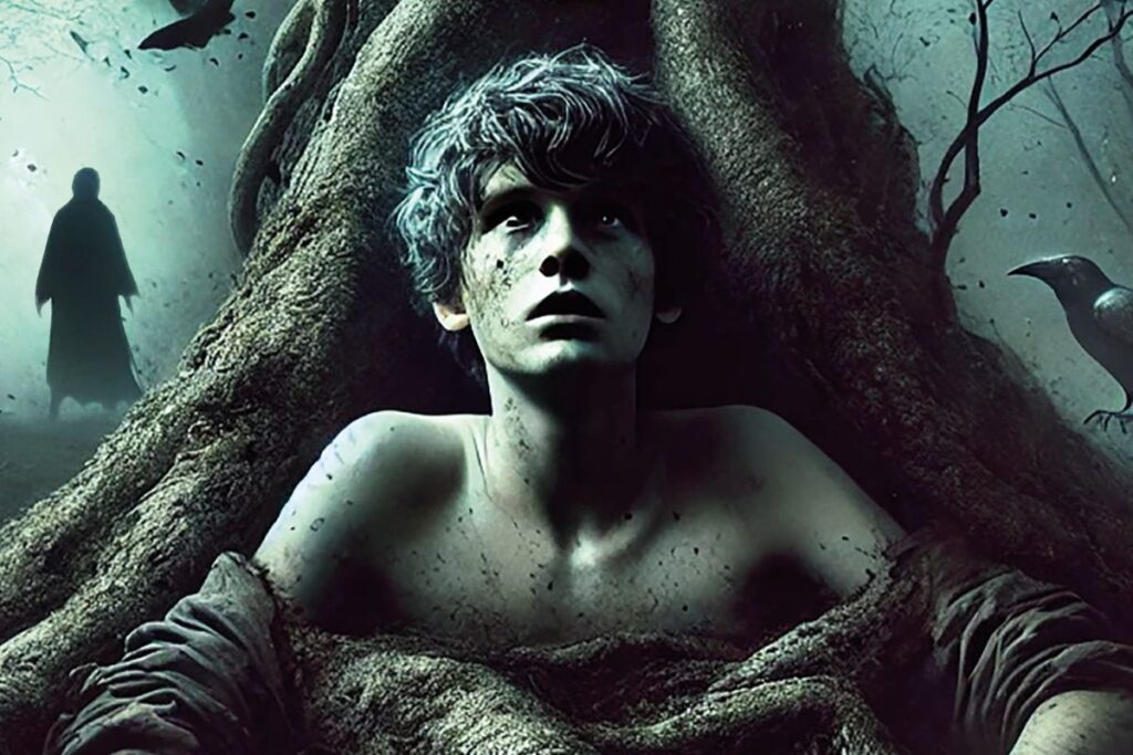 a boy in large tree roots in a mystical setting