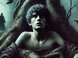 a boy in large tree roots in a mystical setting