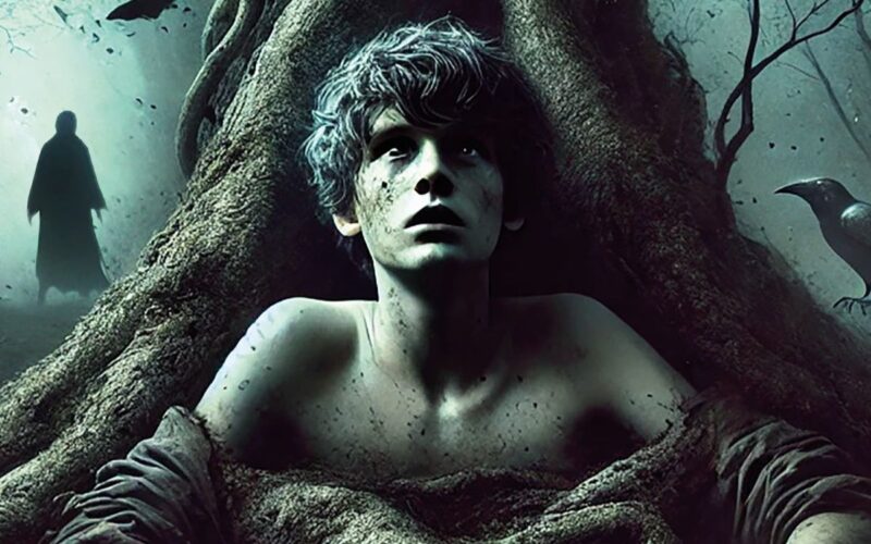 a boy in large tree roots in a mystical setting