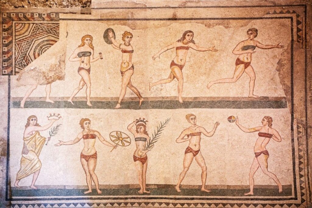 Women playing sports in mosaic art