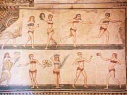 Women playing sports in mosaic art