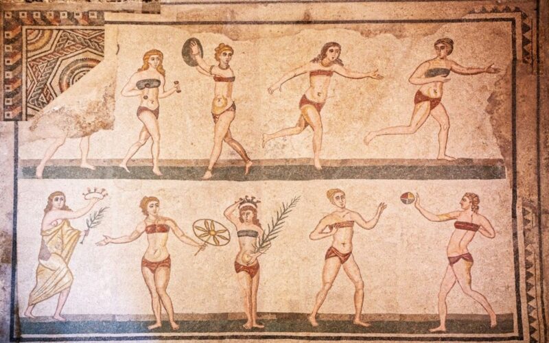Women playing sports in mosaic art