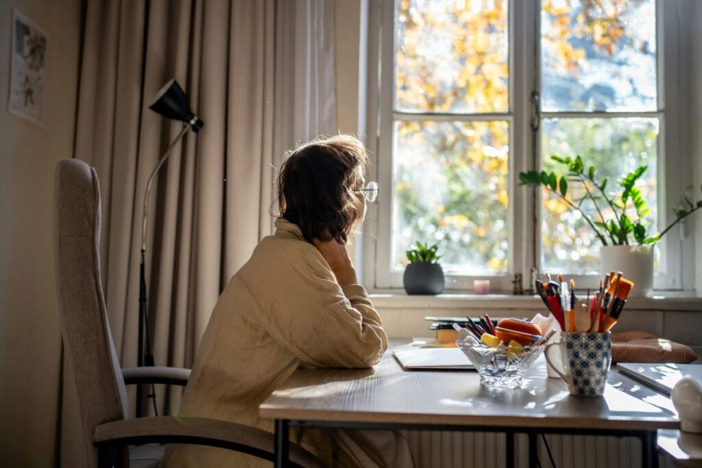 A woman at a desk