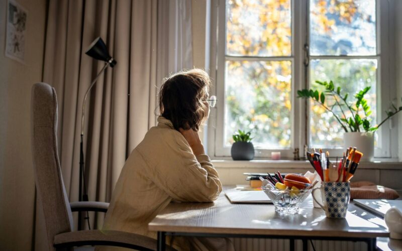 A woman at a desk