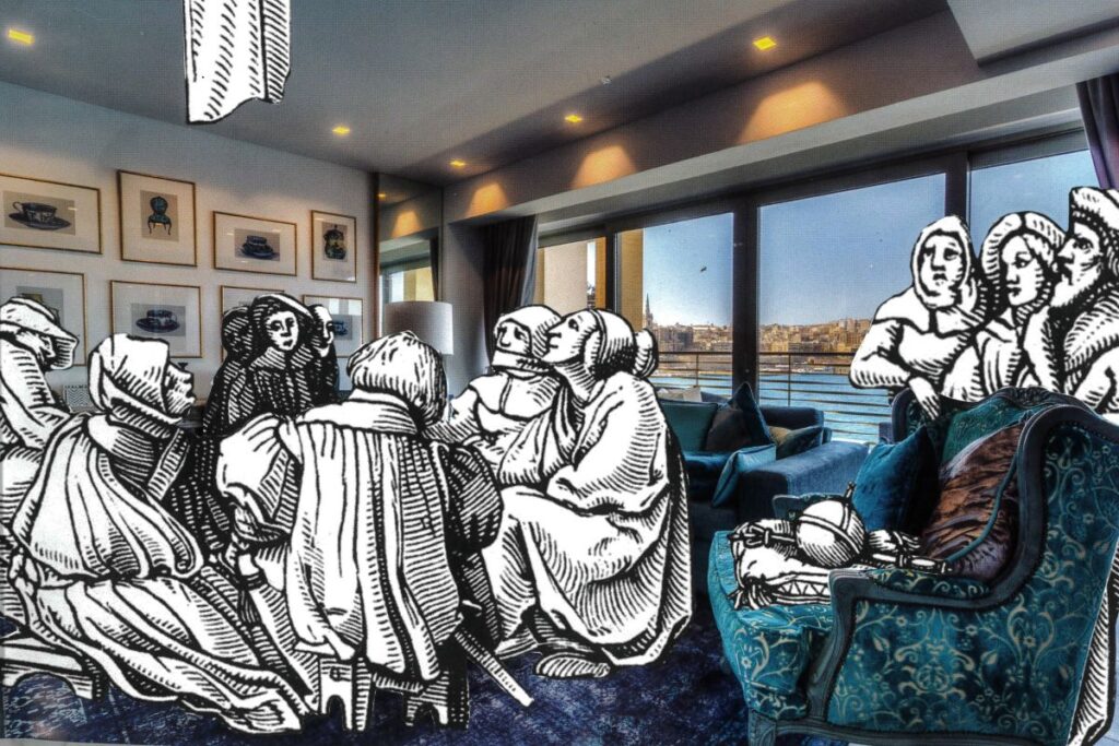 collage art of old characters in a modern room