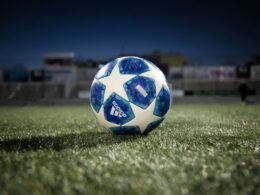A photo of a football in a stadium