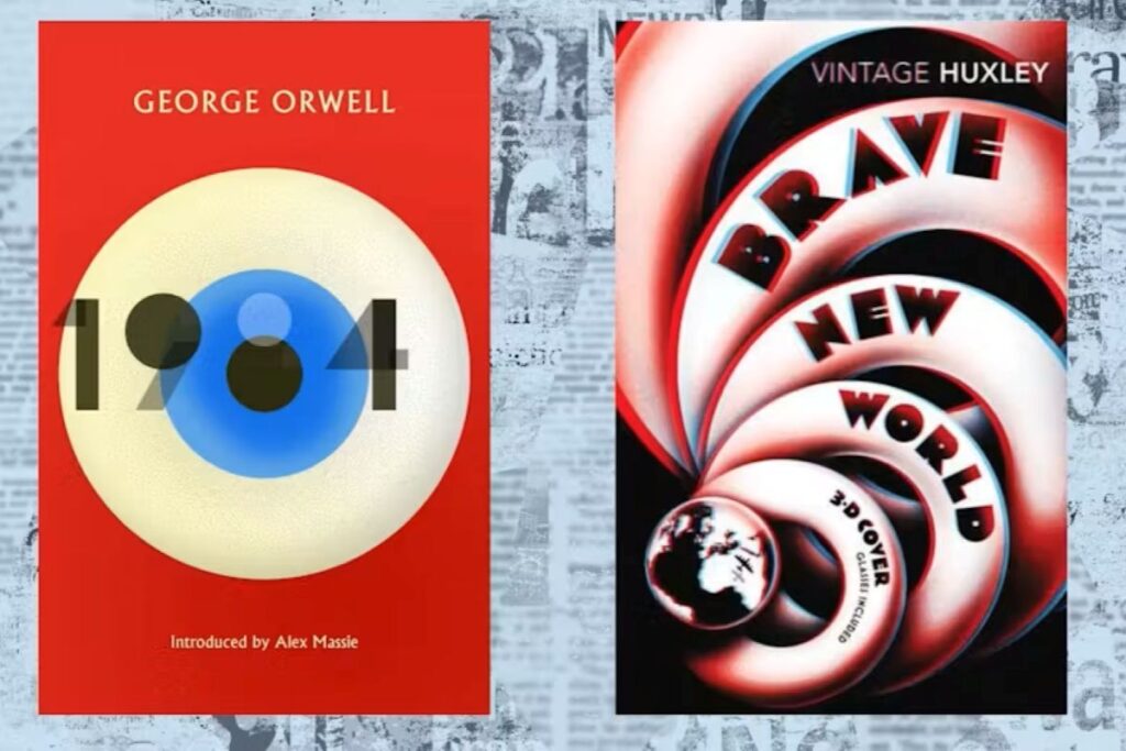 The book covers of 1984 and Brave New World