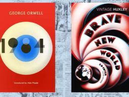 The book covers of 1984 and Brave New World