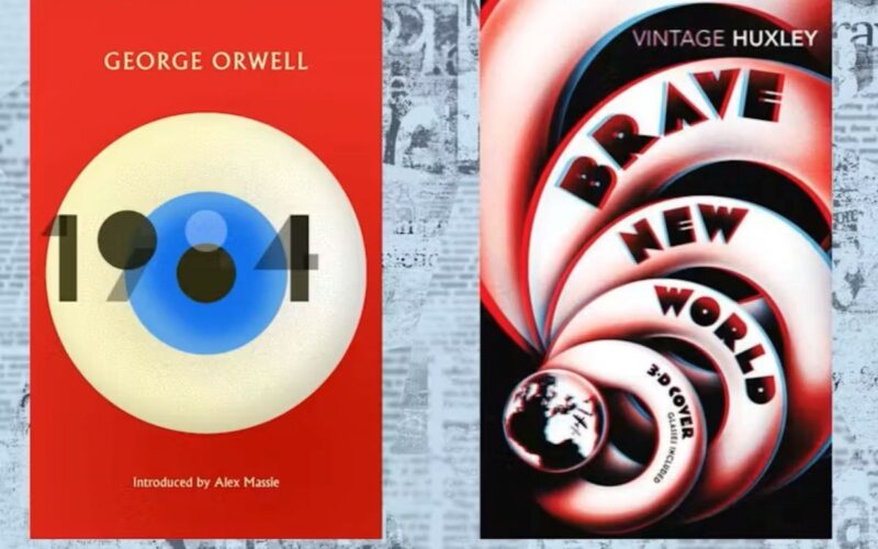 The book covers of 1984 and Brave New World