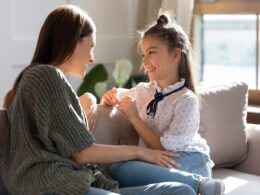 Mother talking to child