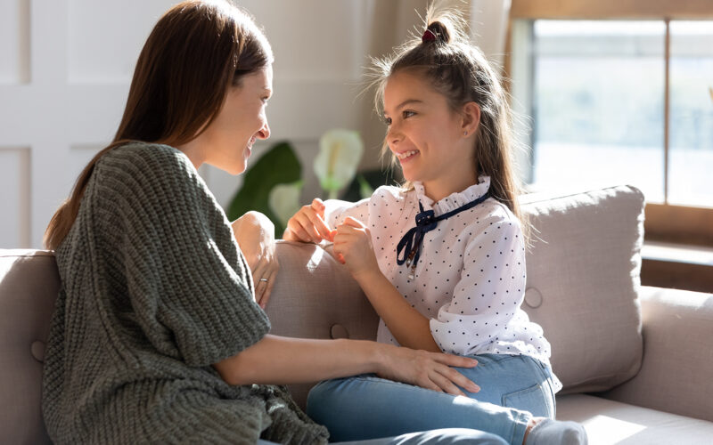 Mother talking to child