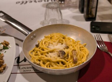 a pan of carbonara