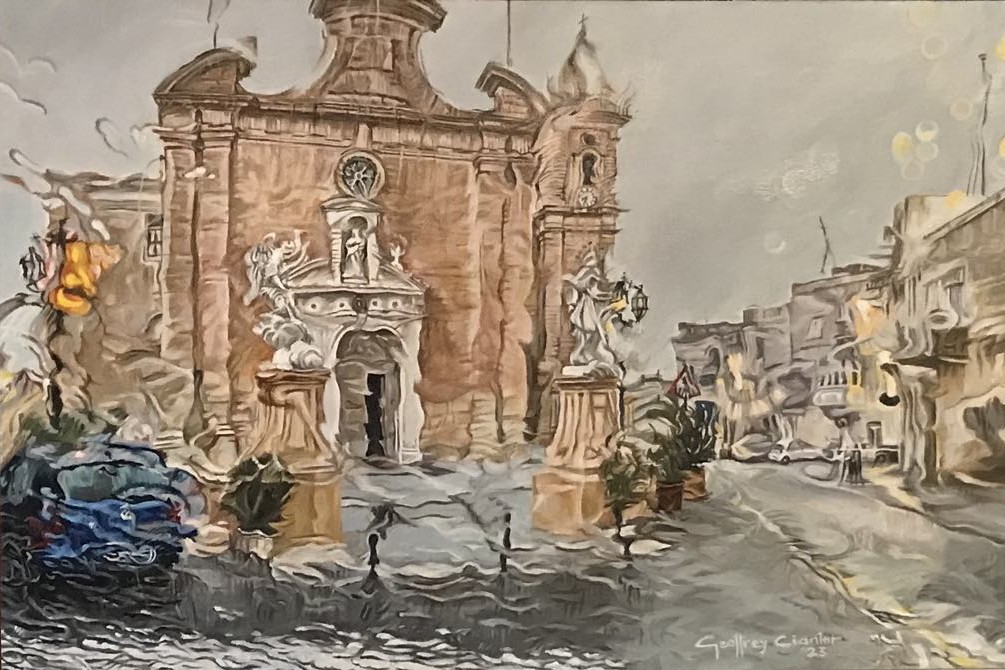 A Maltese streetscene in the rain, seen through a wet windscreen