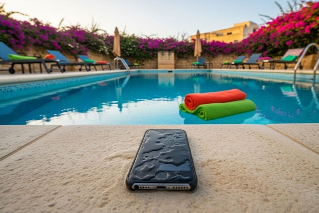 a wet phone by a pool
