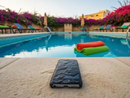 a wet phone by a pool