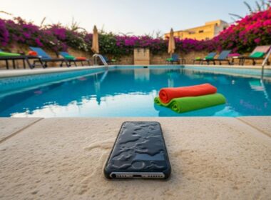 a wet phone by a pool