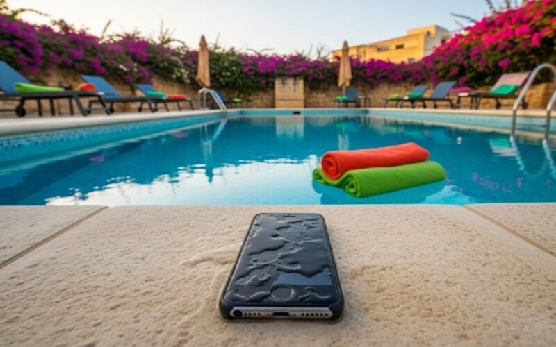 a wet phone by a pool