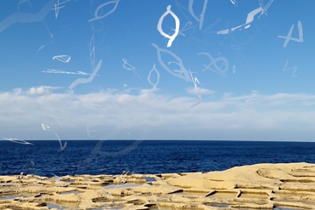 The salt pans and the sea with script in the sky