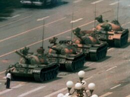tanks in a city square
