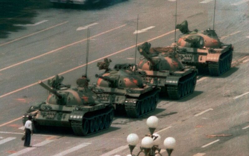 tanks in a city square