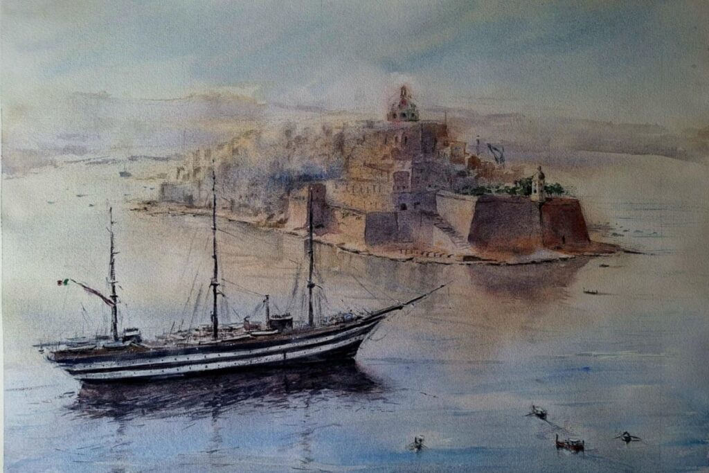 A watercolour of an old ship in Valletta's Grand Harbour