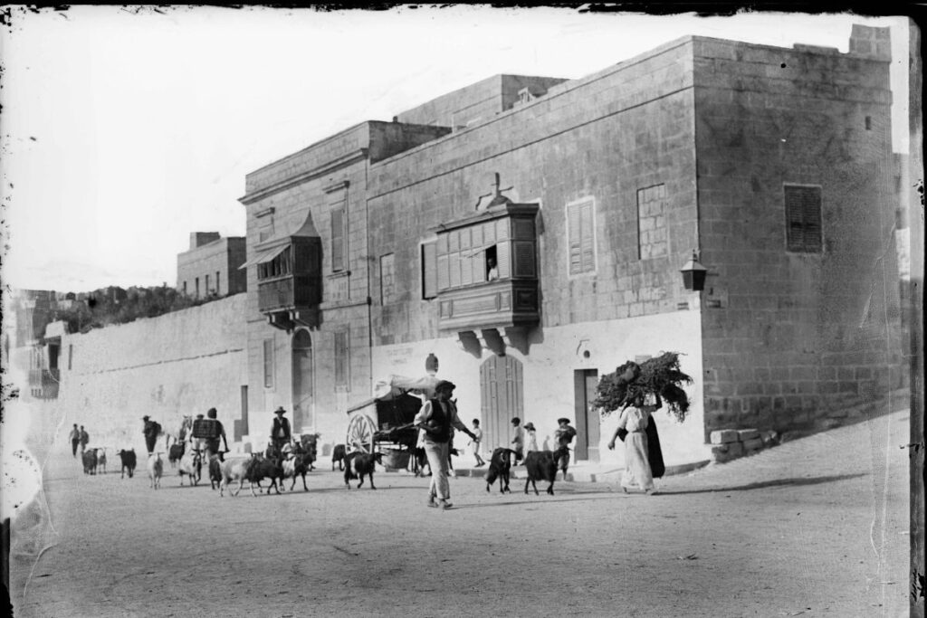 Old photo of a street vendor selling fresh goat milk.