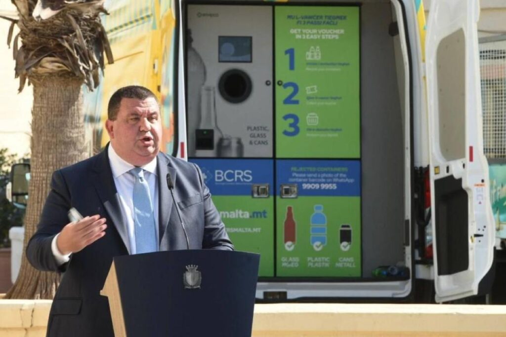 Cleansing junior minister Glenn Bedingfield in front of one of the new mobile BCRS machines