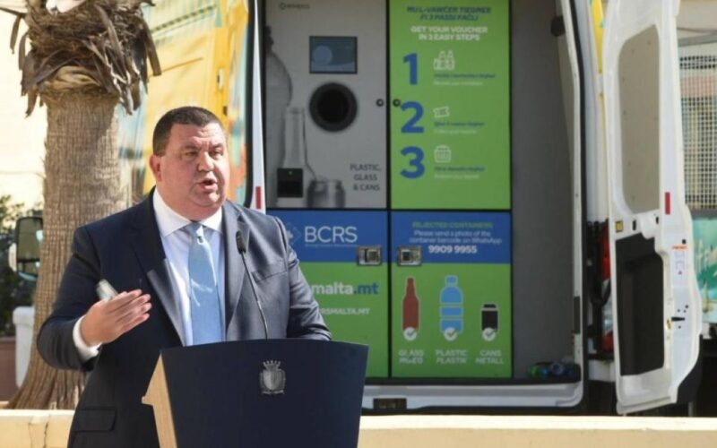 Cleansing junior minister Glenn Bedingfield in front of one of the new mobile BCRS machines