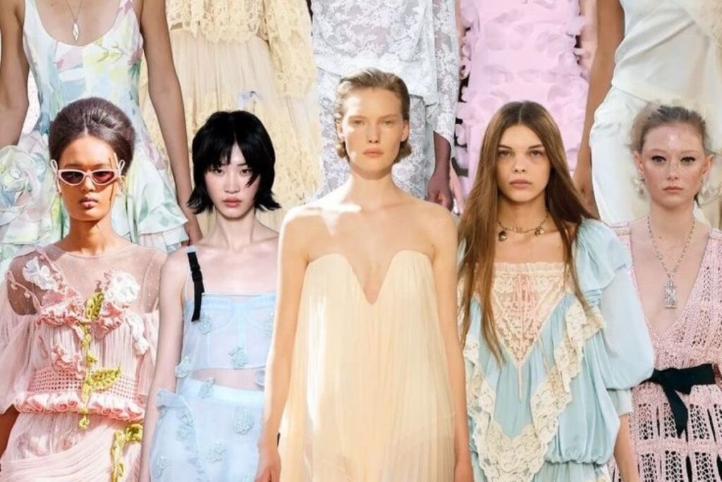 Five models showcasing pastel dresses