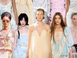 Five models showcasing pastel dresses