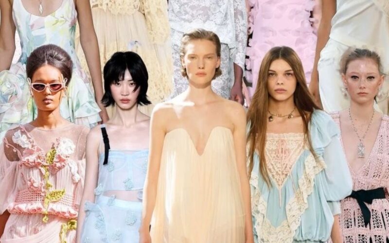 Five models showcasing pastel dresses