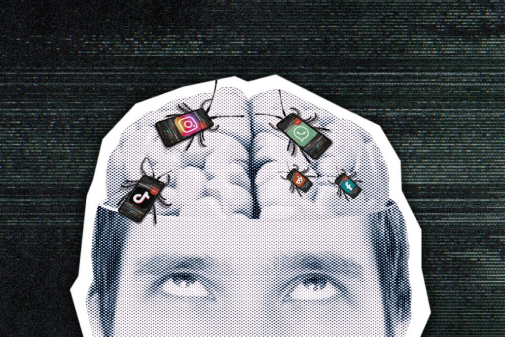 An illustration of a brain infested by sim cards