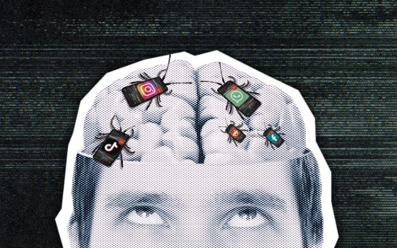 An illustration of a brain infested by sim cards
