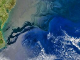 An aerial view of deep blue sea water