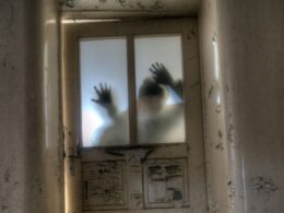 the shadowy figure of a man at a door